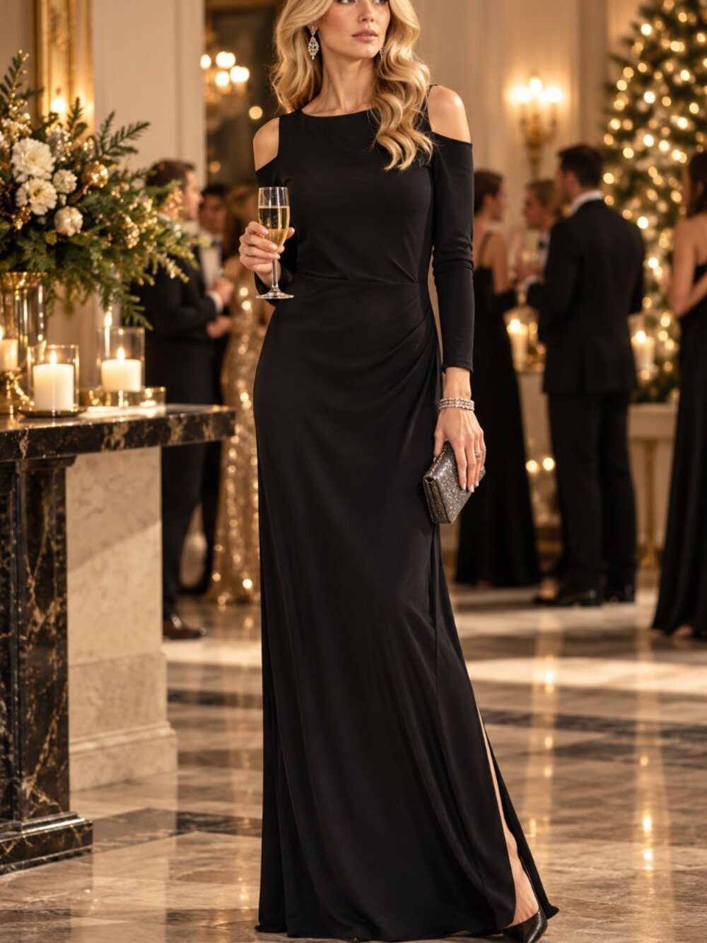 Lauren Ralph Lauren Black Cold Shoulder Ruched Maxi Formal Gown Dress 10